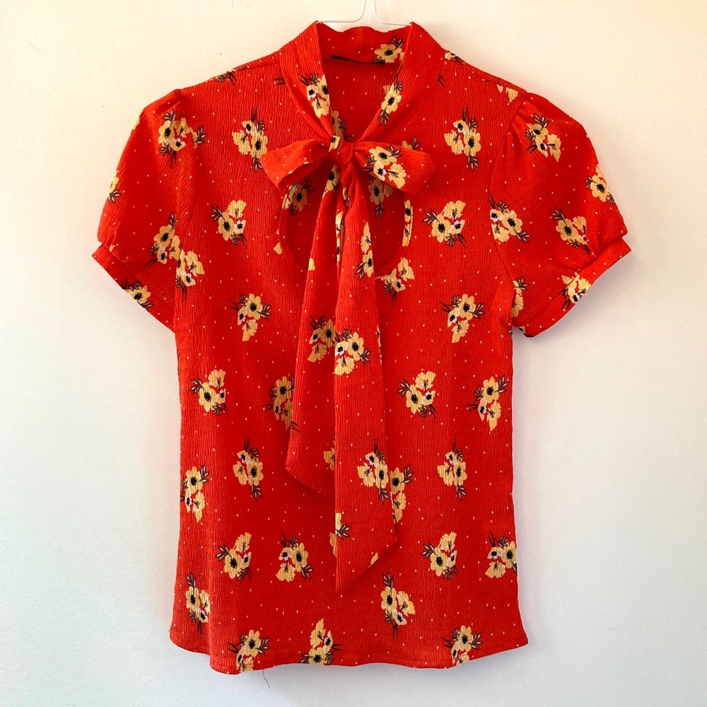 SHEIN bow tie floral blouse